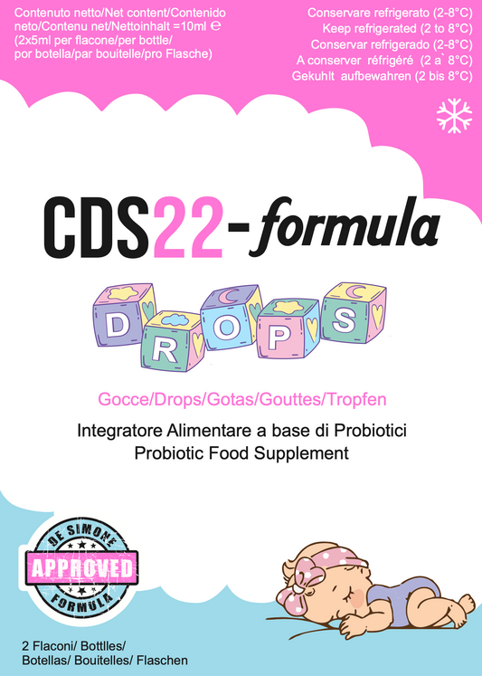 Package of CDS22-formula Drops with baby illustration and text on a pink and white background