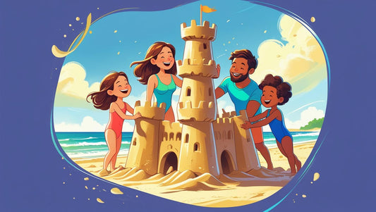 a family—mother, father, and two children with diverse appearances—joyfully building a large, protective sandcastle fortress on a sunny beach.  