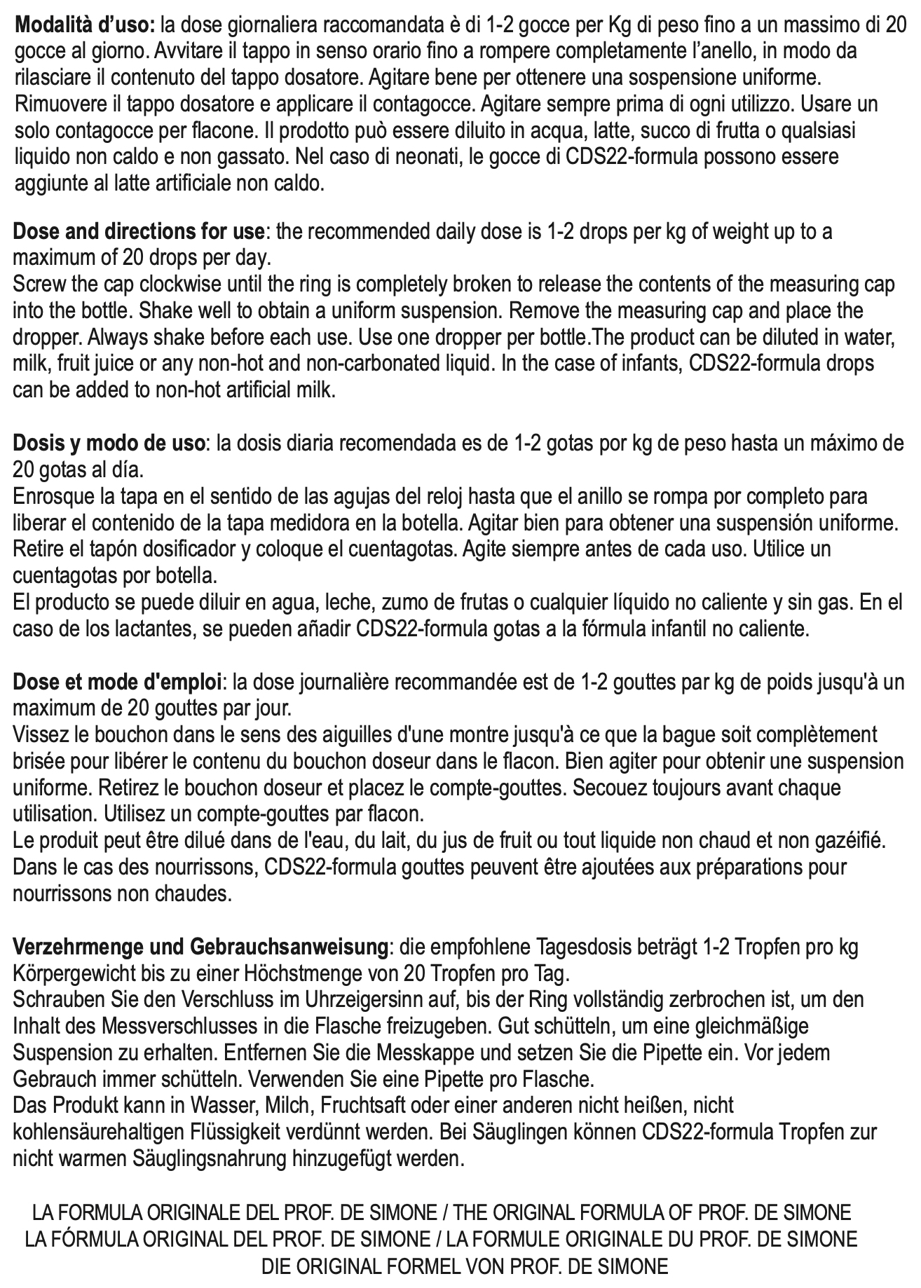 Product label with text and dosage instructions on a white background