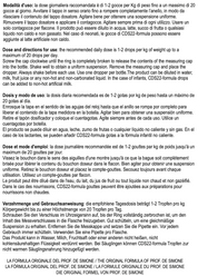 Product label with text and dosage instructions on a white background